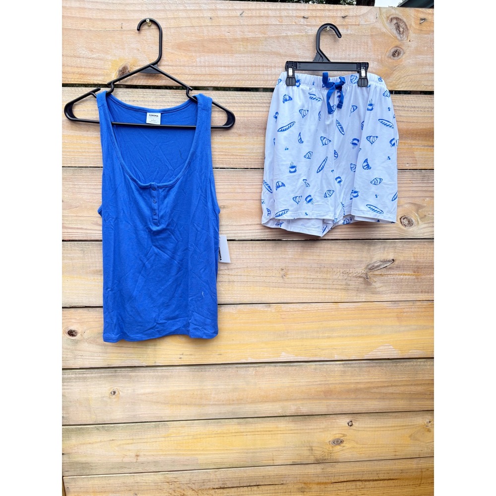 Sonoma Goods For Life Womens Pajama Set Blue Henley Tank Cafe Print Shorts L NWT